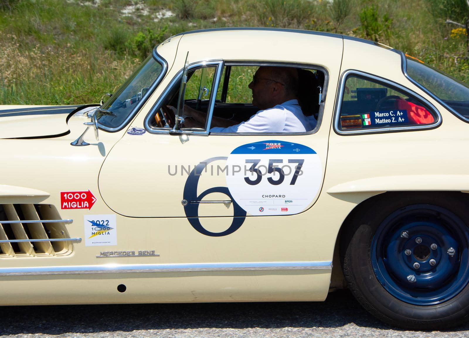 MERCEDES-BENZ 300 SL (W 198) 1955 on an old racing car in rally Mille Miglia 2022 the famous italian historical race (1927-1957 by massimocampanari