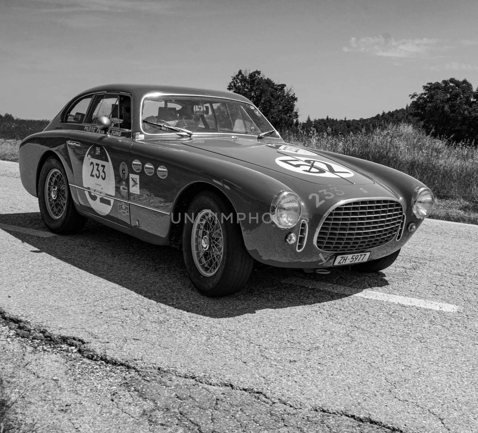 URBINO - ITALY - JUN 16 - 2022 : FERRARI 195 INTER COUPE GHIA 1951 on an old racing car in rally Mille Miglia 2022 the famous italian historical race (1927-1957