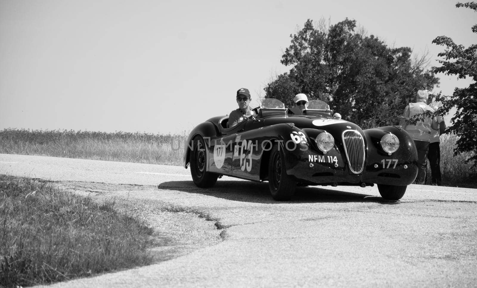 JAGUAR XK120 OTS ROADSTER 1950 on an old racing car in rally Mille Miglia 2022 the famous italian historical race (1927-1957 by massimocampanari