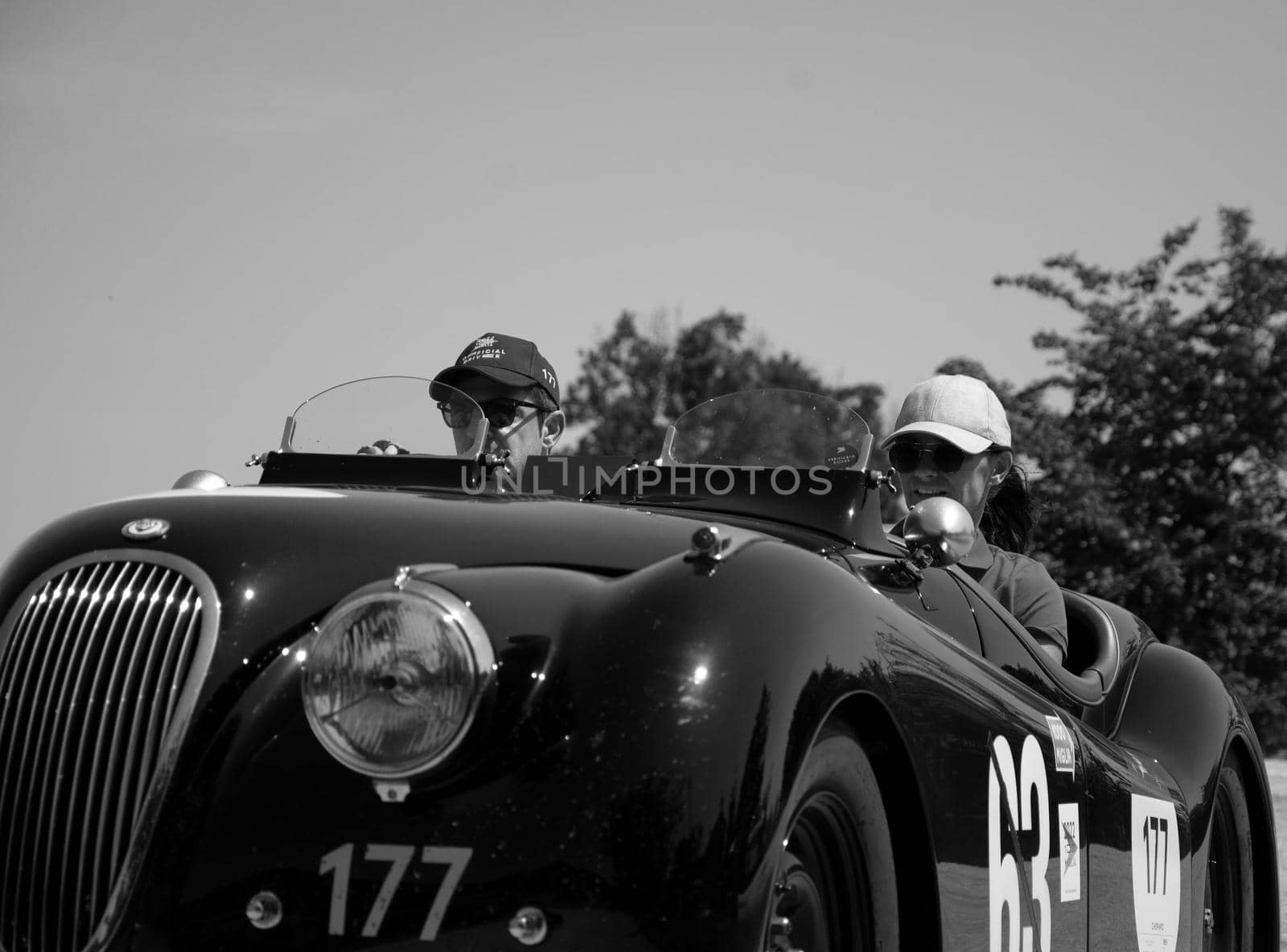 JAGUAR XK120 OTS ROADSTER 1950 on an old racing car in rally Mille Miglia 2022 the famous italian historical race (1927-1957 by massimocampanari