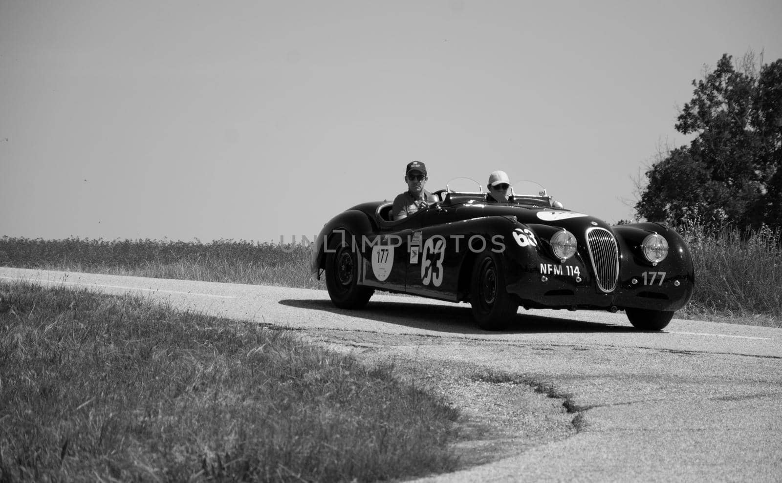 JAGUAR XK120 OTS ROADSTER 1950 on an old racing car in rally Mille Miglia 2022 the famous italian historical race (1927-1957 by massimocampanari