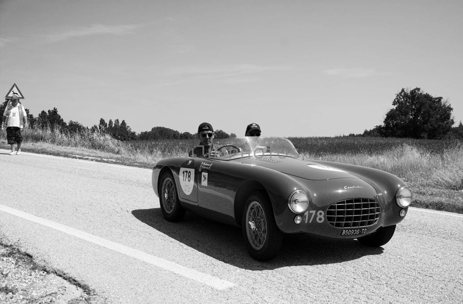 URBINO - ITALY - JUN 16 - 2022 : ERMINI FIAT CISITALIA GILCO 1100 SPORT 1950 on an old racing car in rally Mille Miglia 2022 the famous italian historical race (1927-1957