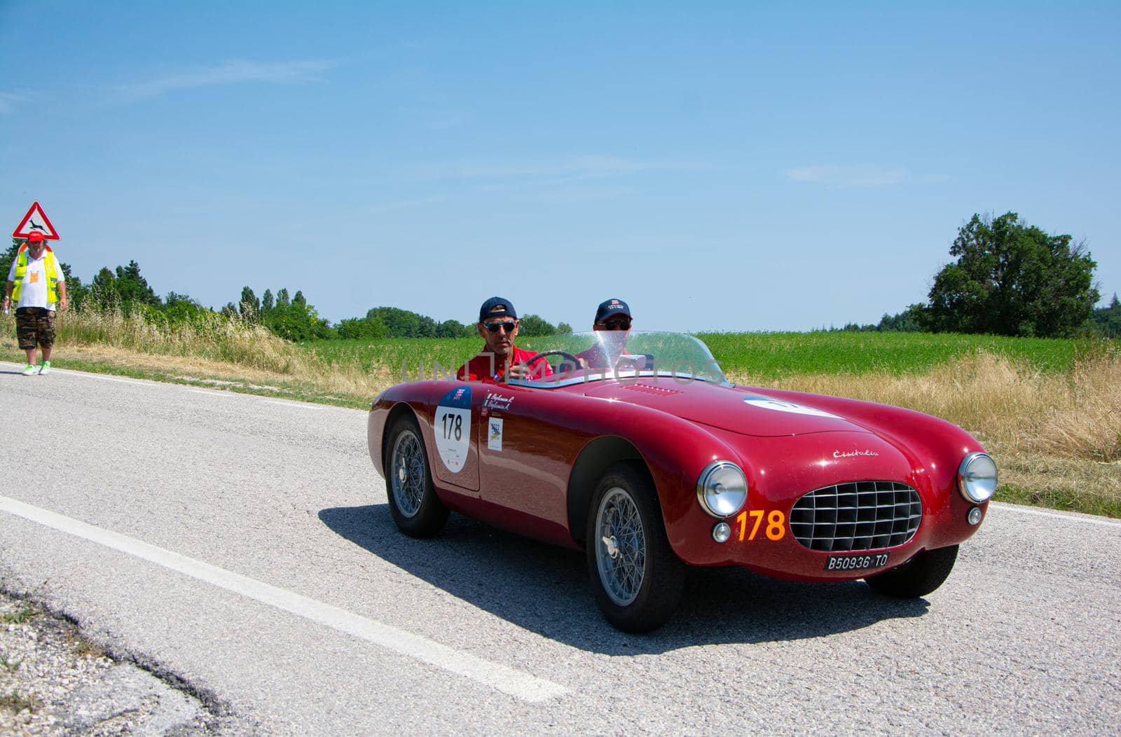 URBINO - ITALY - JUN 16 - 2022 : ERMINI FIAT CISITALIA GILCO 1100 SPORT 1950 on an old racing car in rally Mille Miglia 2022 the famous italian historical race (1927-1957