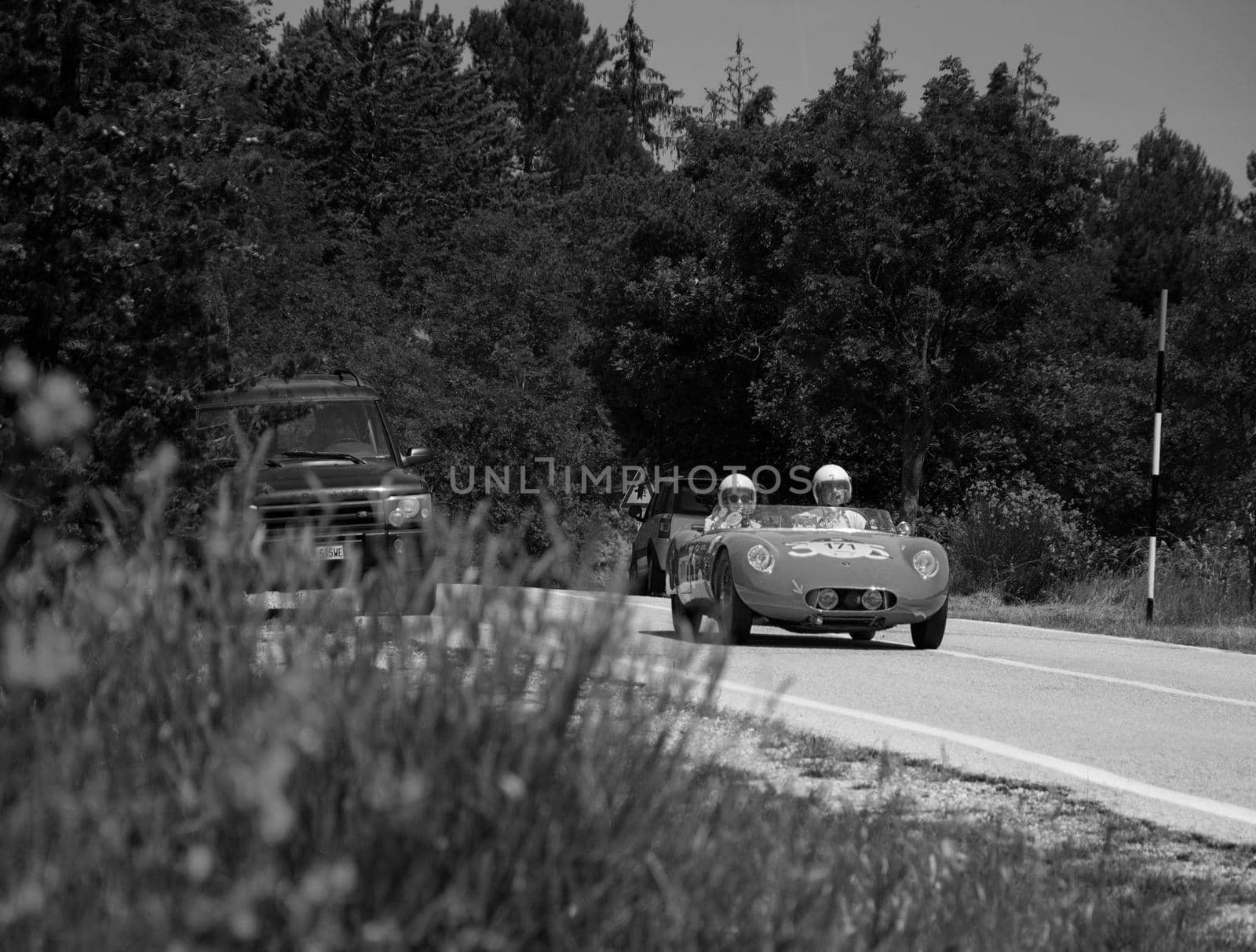 URBINO - ITALY - JUN 16 - 2022 : O.S.C.A. MT4 1350 2AD 1955 on an old racing car in rally Mille Miglia 2022 the famous italian historical race (1927-1957 on an old racing car in rally Mille Miglia 2022 the famous italian historical race (1927-1957