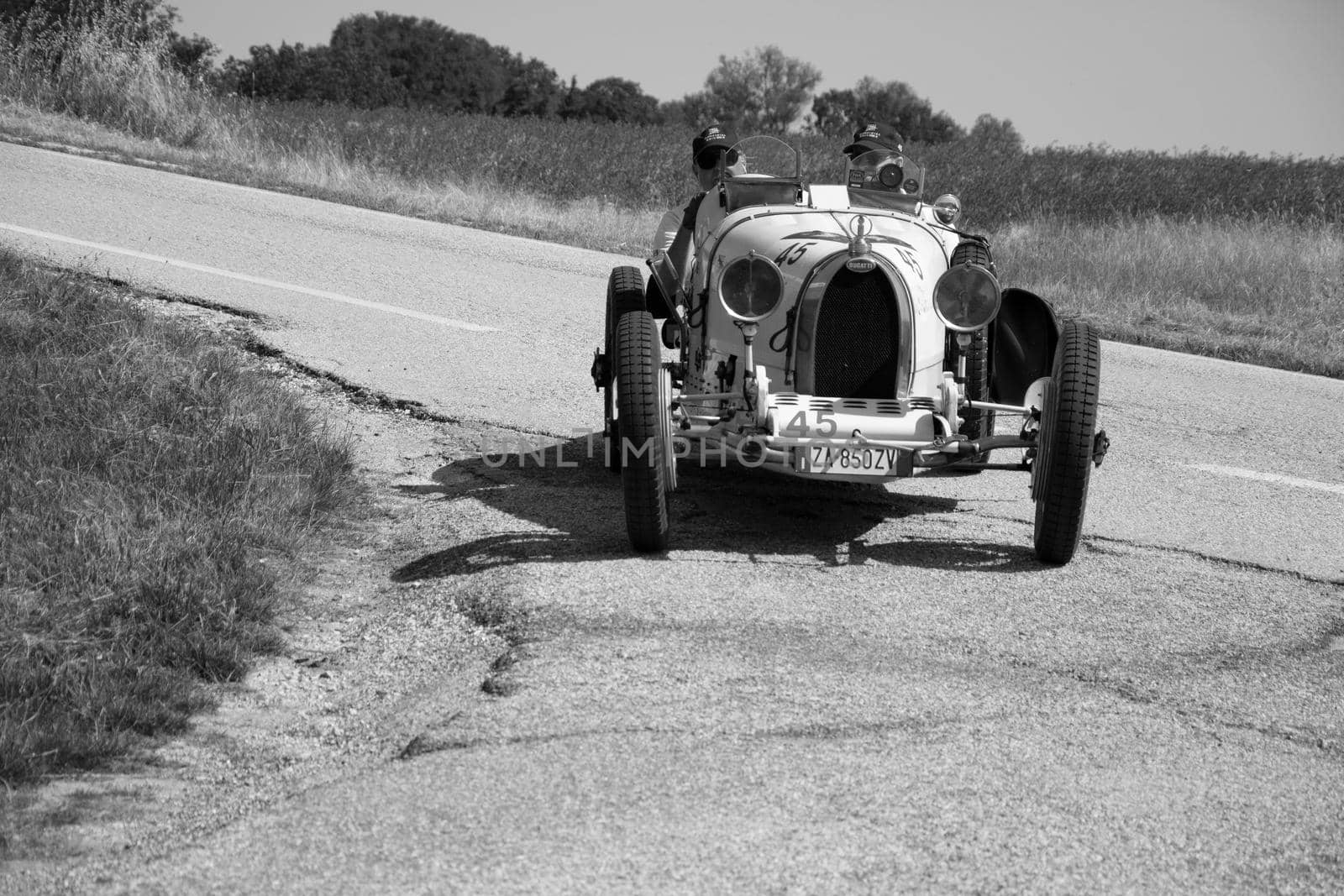 URBINO - ITALY - JUN 16 - 2022 : LANCIA LAMBA V SERIE CASARO 1925 on an old racing car in rally Mille Miglia 2022 the famous italian historical race (1927-1957