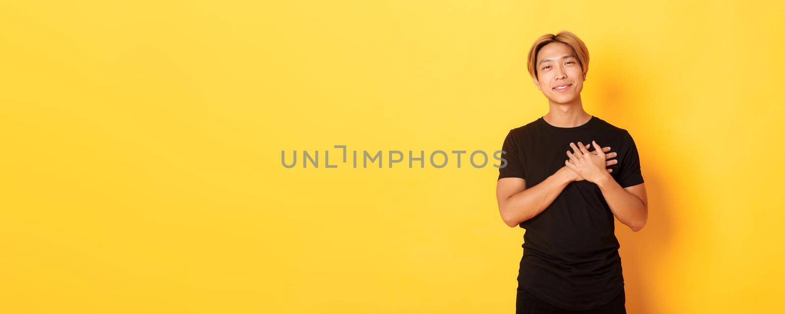Portrait of touched handsome asian guy holding hands on heart and smiling flattered, yellow background by Benzoix
