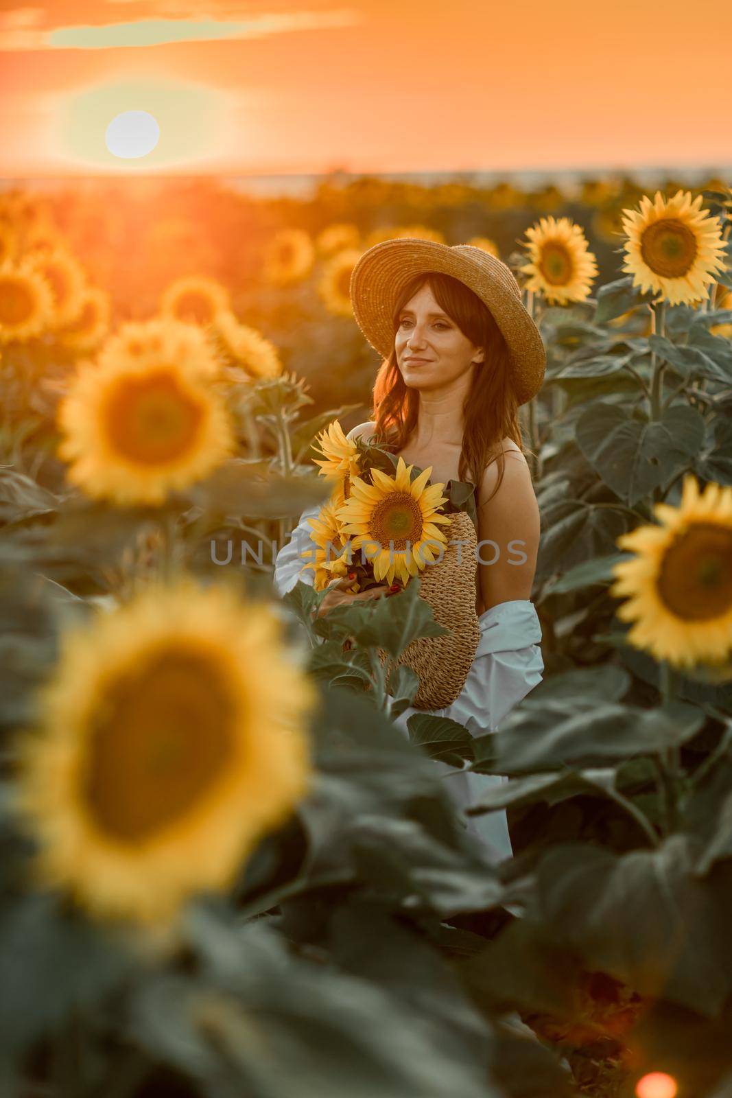 A girl in a hat on a beautiful field of sunflowers against the sky in the evening light of a summer sunset. Sunbeams through the flower field. Natural background