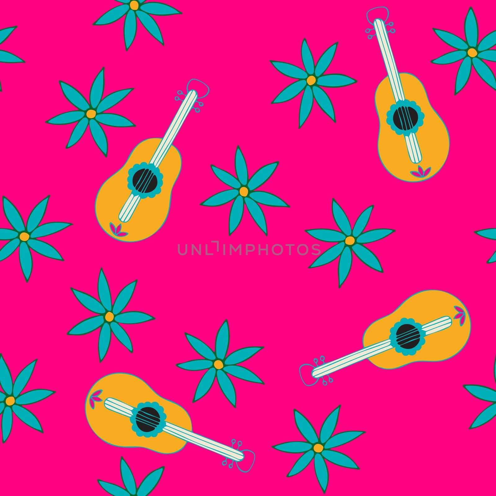 Seamless Repeat Pattern with Flowers and Guitar on Pink background. Hand drawn fabric, gift wrap, wall art design.