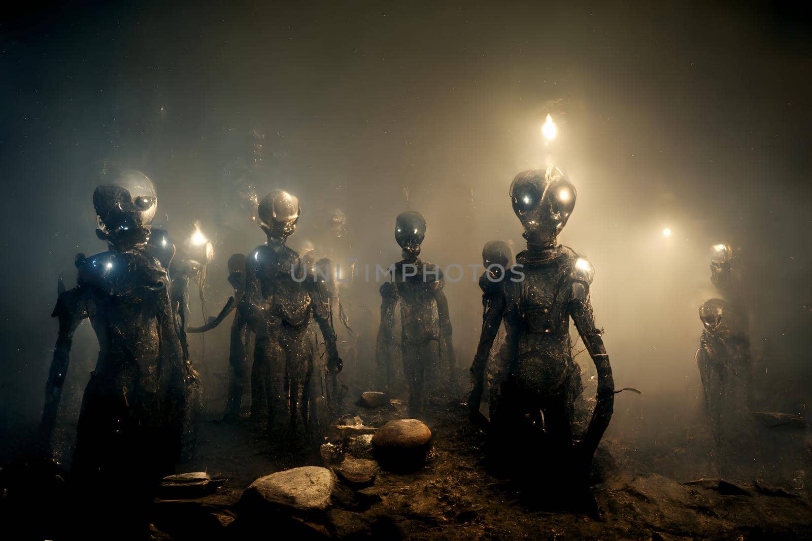 group of ugly barely humanoid aliens in ominous misty atmosphere, neural network generated art. Digitally generated image. Not based on any actual scene or pattern.