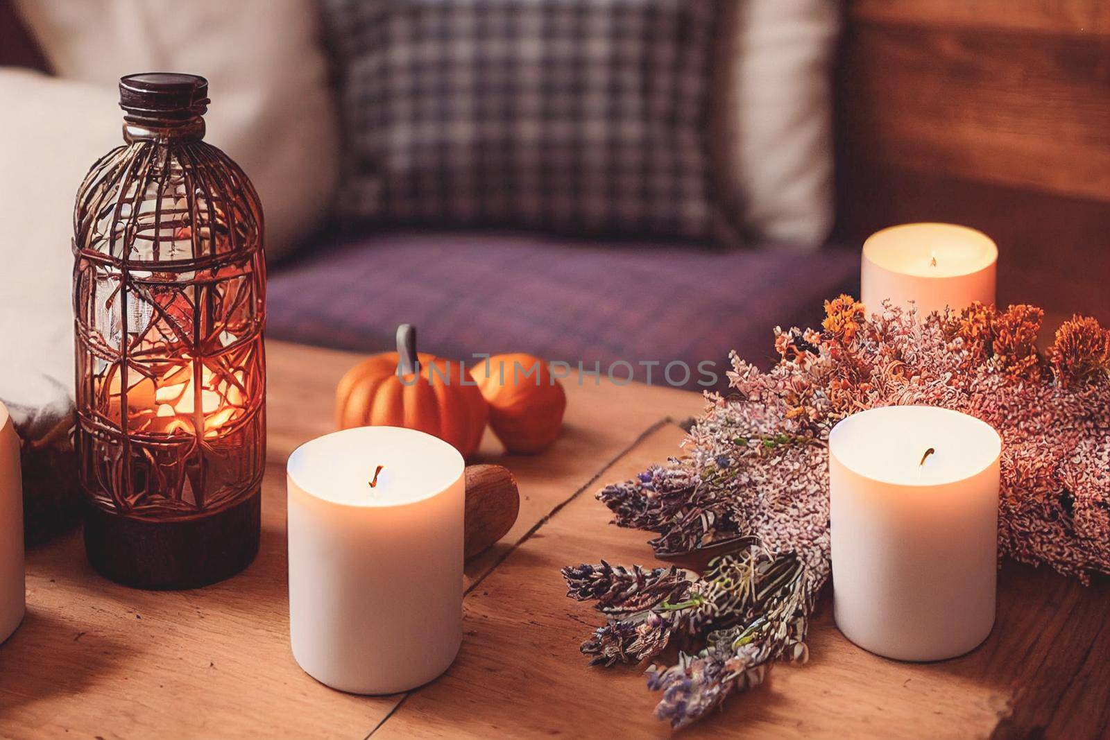 Autumn hygge home decor arrangement, concept of hygge and coziness, burning white fragrance candle by FokasuArt