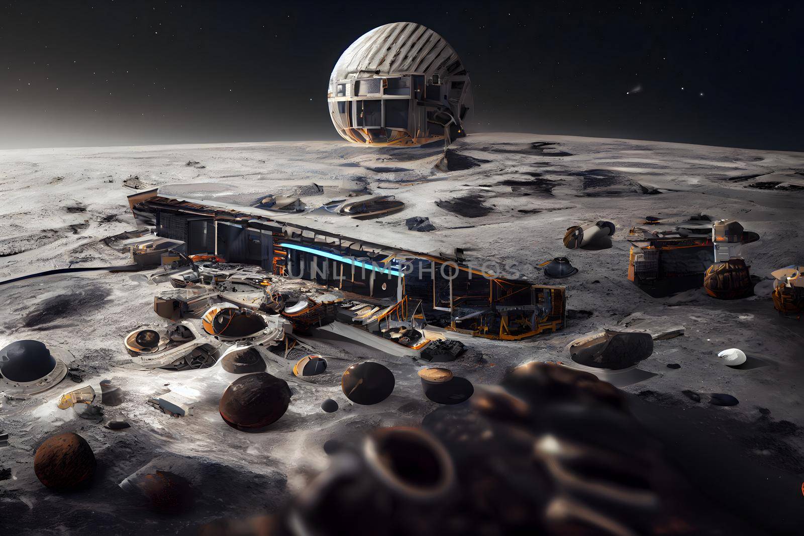 future moon base structures, neural network generated art. Digitally generated image. Not based on any actual scene or pattern.
