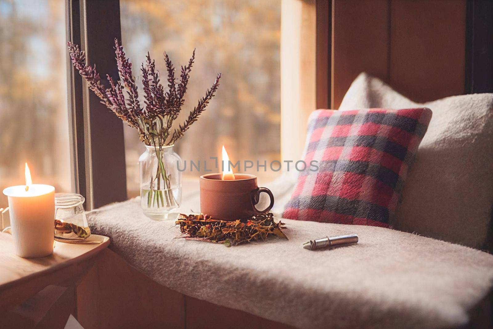 3D render of Autumn hygge home decor arrangement, concept of hygge and coziness, burning white fragrance candle on tray and lavender branches in a bottle vase on table at cozy home