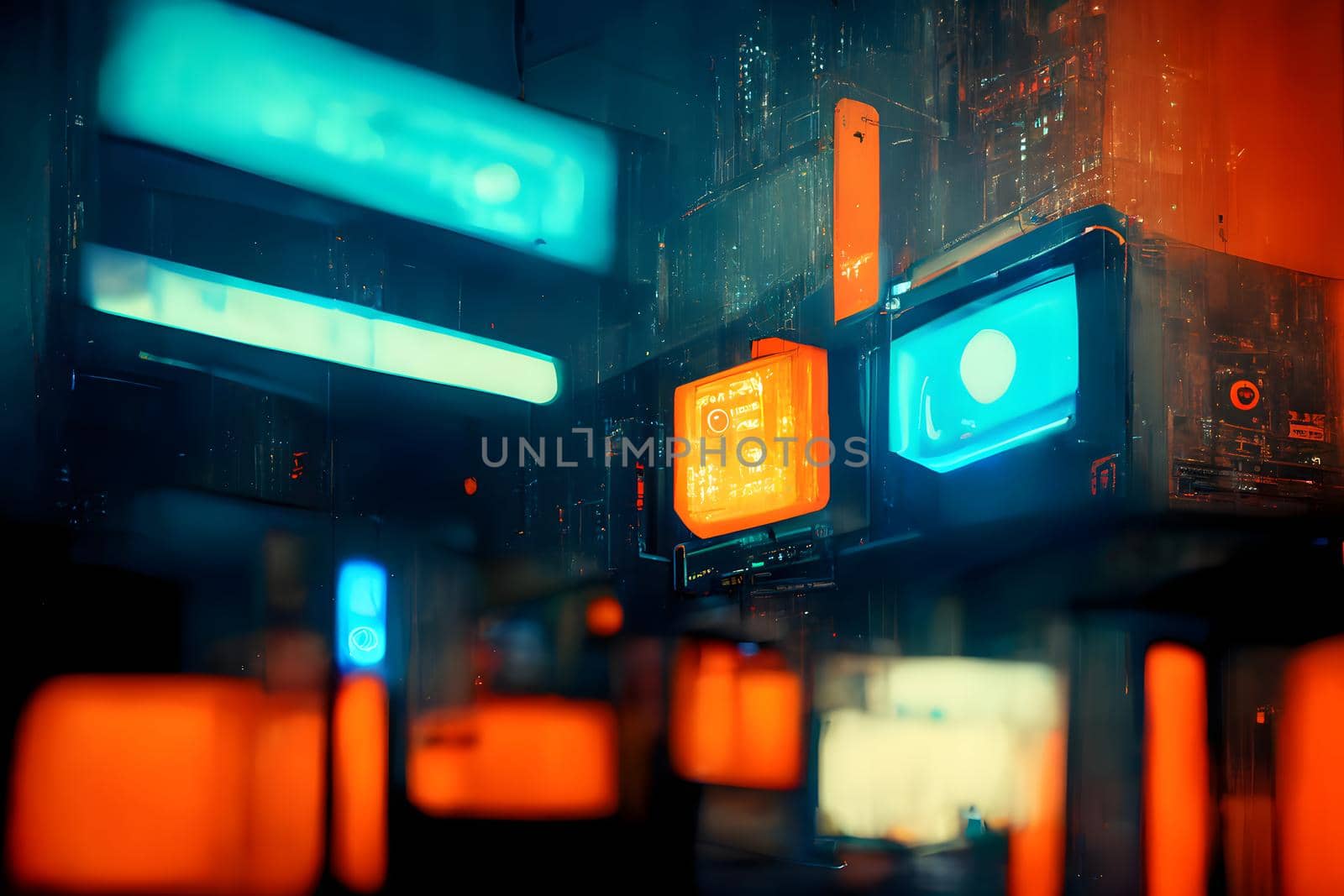 abstract teal-orange hight-tech cyberpunk background, neural network generated art.