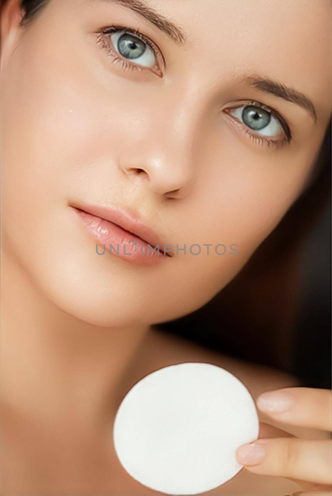 Beauty and skincare cosmetics model face portrait, woman with clean healthy skin and no make-up look using cotton pad, luxury facial and anti-aging skin care routine by Anneleven