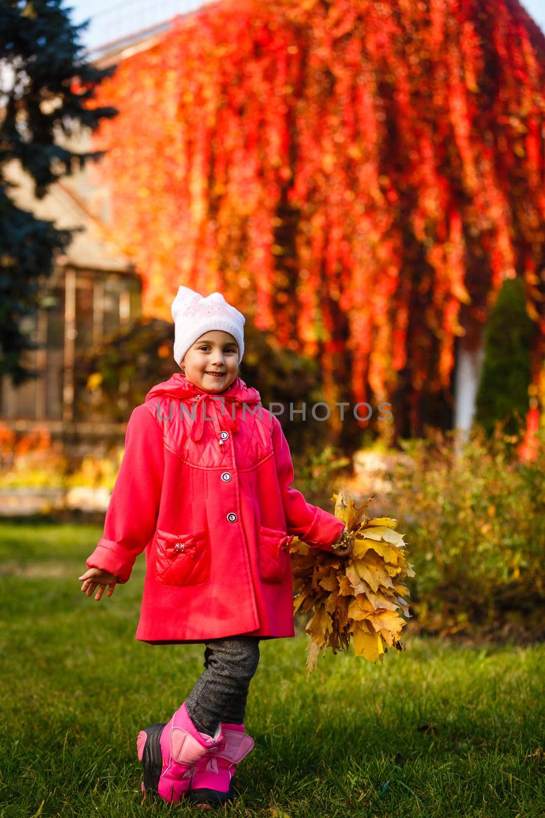Little girl in autumn orange leaves. Outdoor. by Andelov13