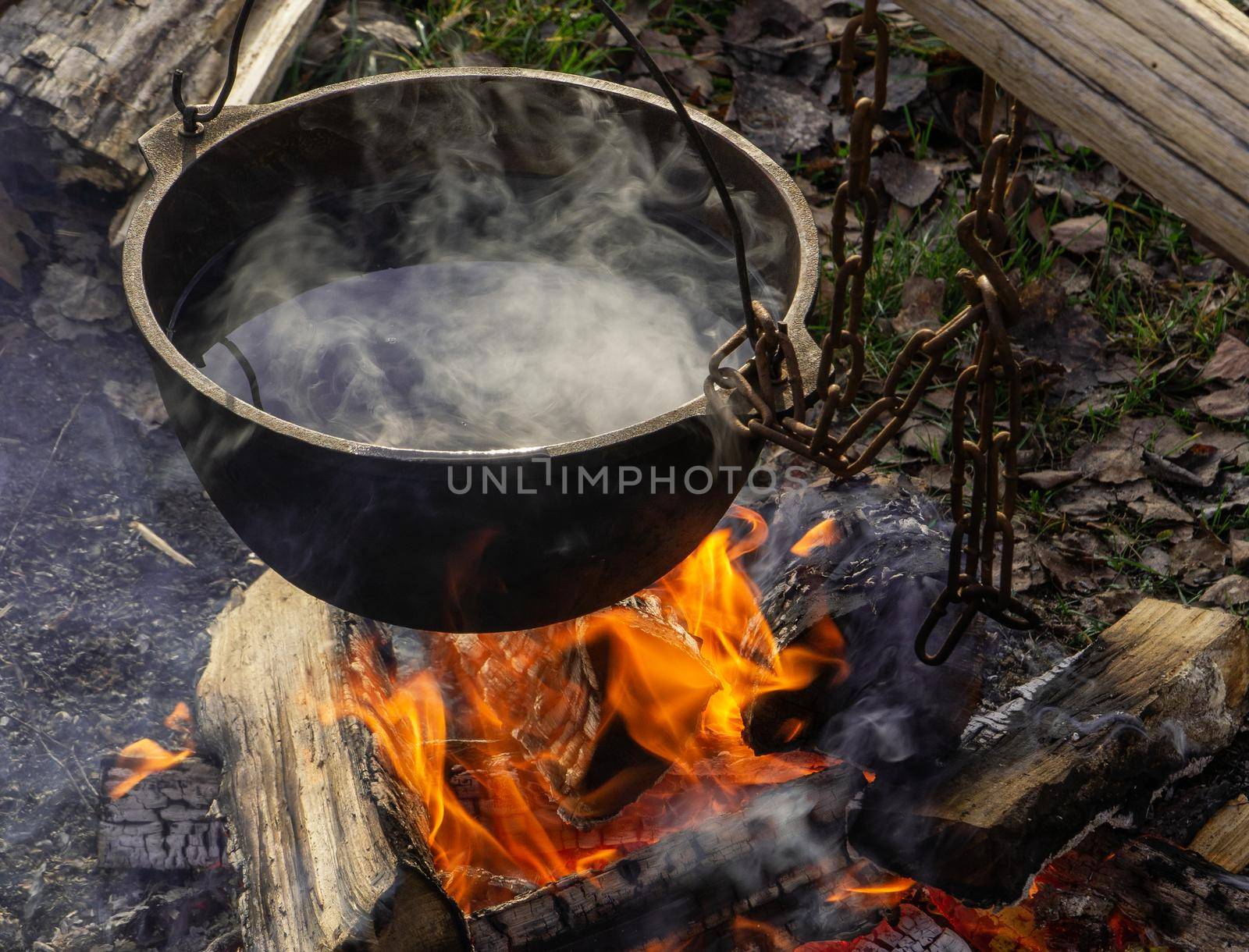 Pot On The Fire. Water boils in a cauldron over a fire.