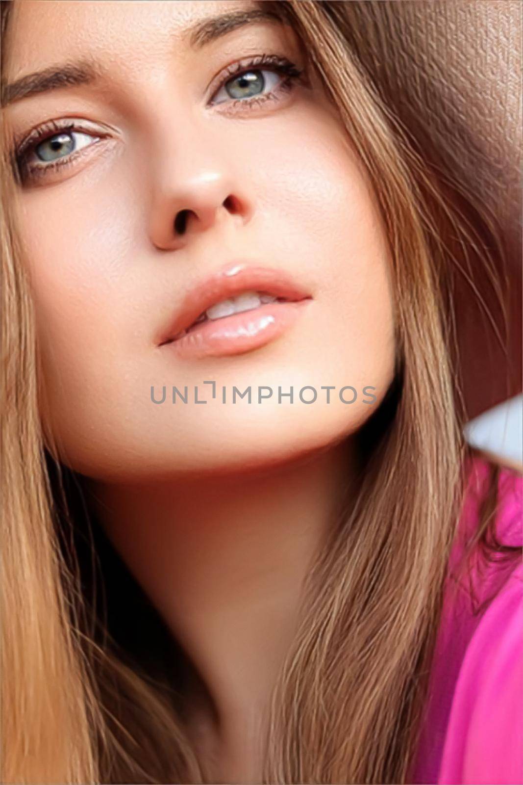 Fashion, travel and beauty face portrait of young woman, beautiful model wearing beach sun hat in summer, head accessory and style by Anneleven