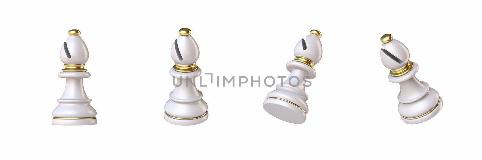 White chess Bishop in four different angled views 3D rendering illustration isolated on white background