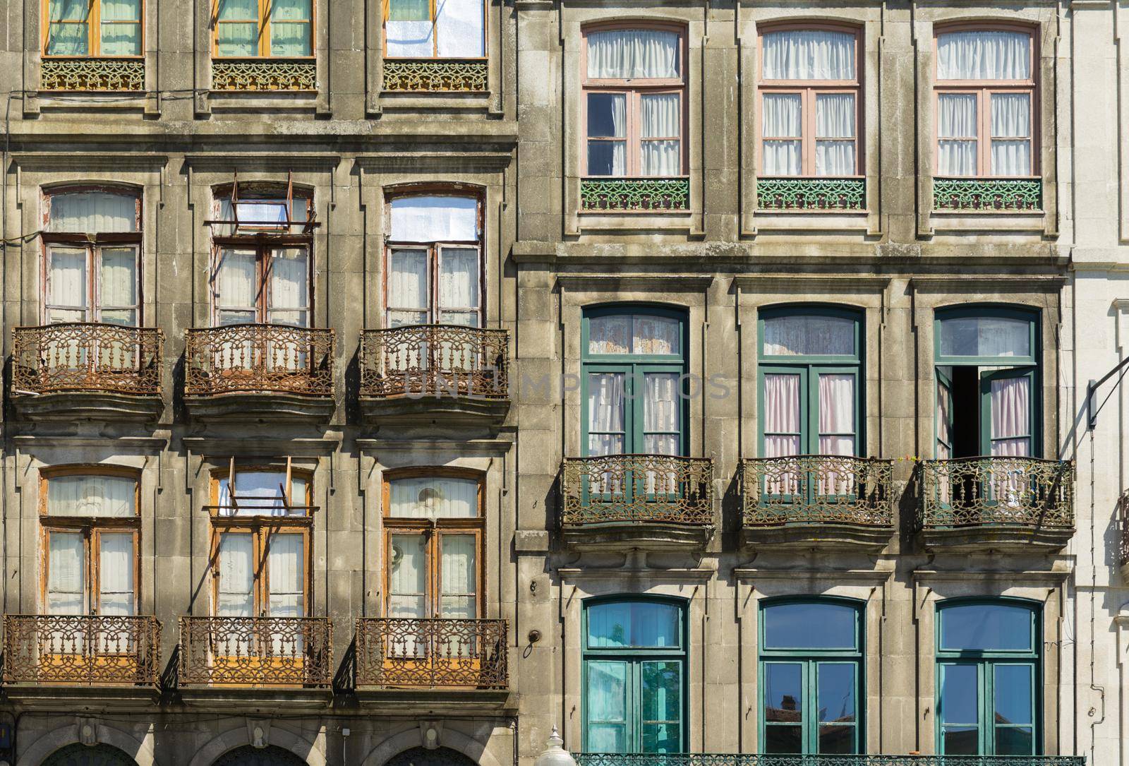 Architecture with facade of Houses Ribeira District, Porto , Portugal