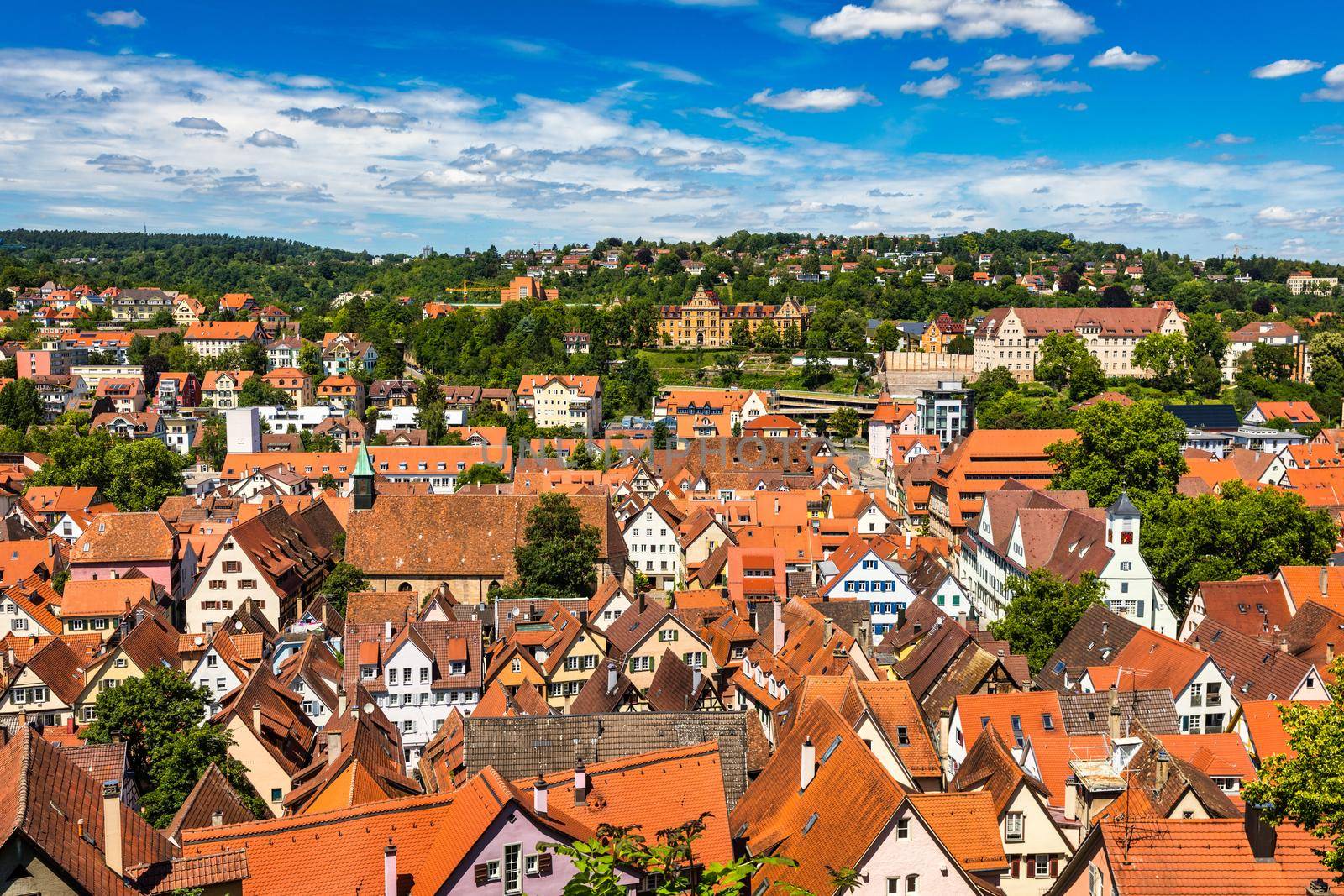 Picturesque town of Tuebingen with colourful half-timbered houses, crossed by the river Neckar. Houses at river Neckar and Hoelderlin tower, Tuebingen, Baden-Wuerttemberg, Germany. Tubingen, Germany. 