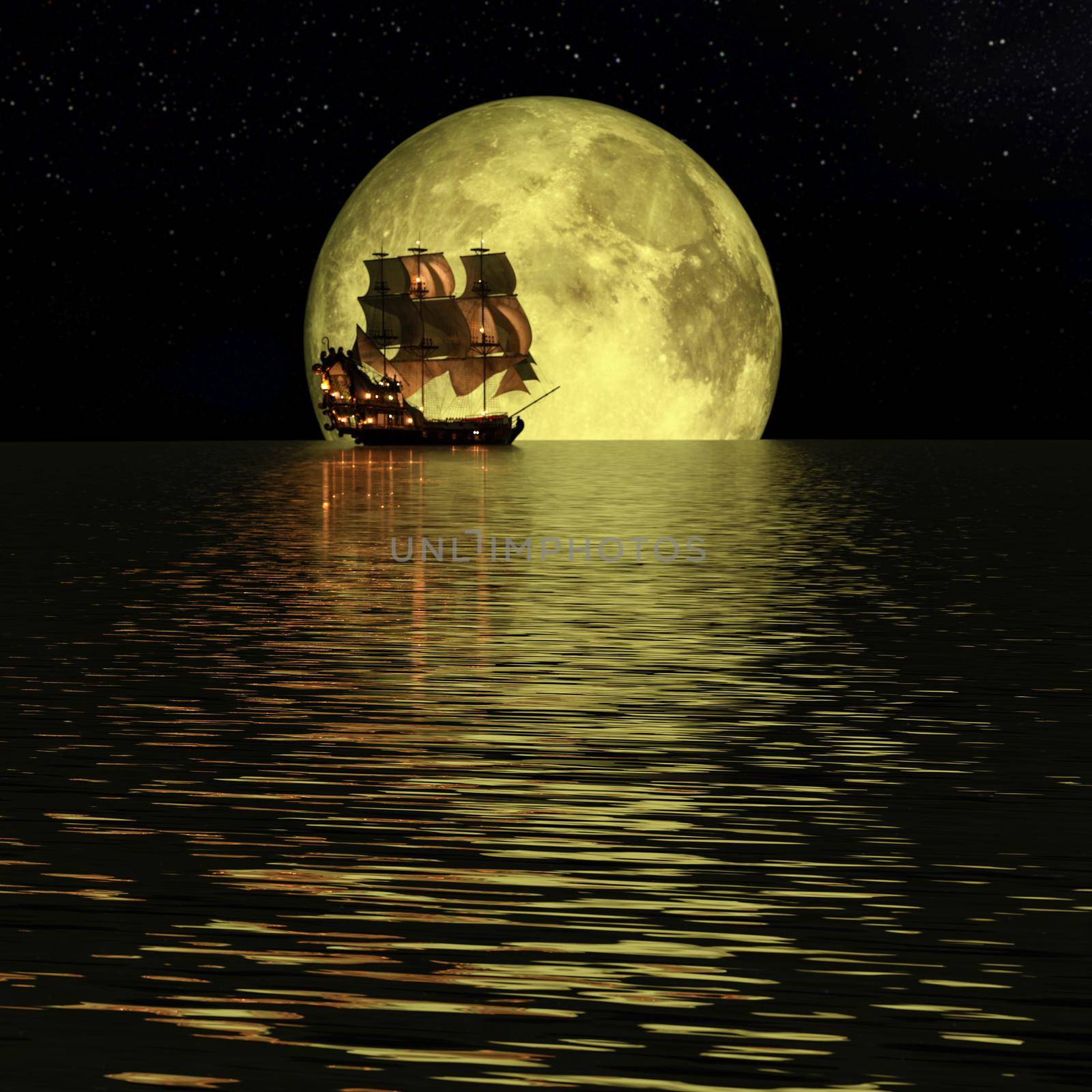 Lonely pirate sail ship in a calm ocean, full yellow moon, and stars by ankarb