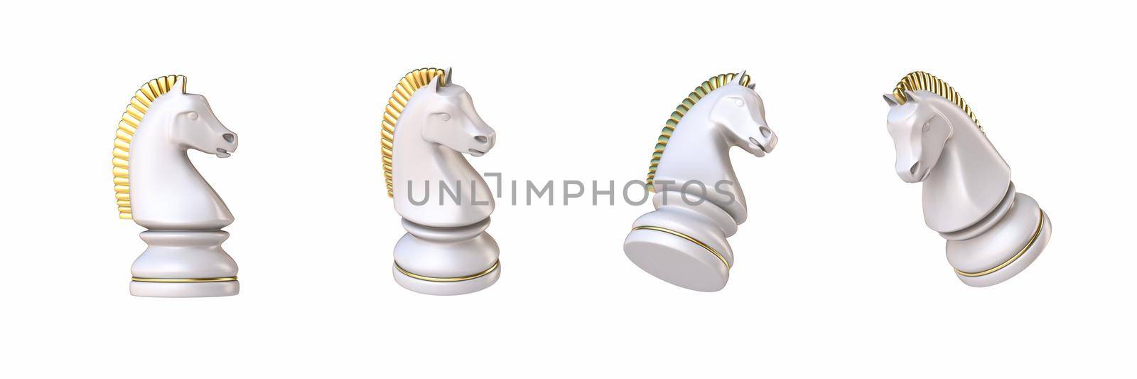 White chess Knight in four different angled views 3D rendering illustration isolated on white background