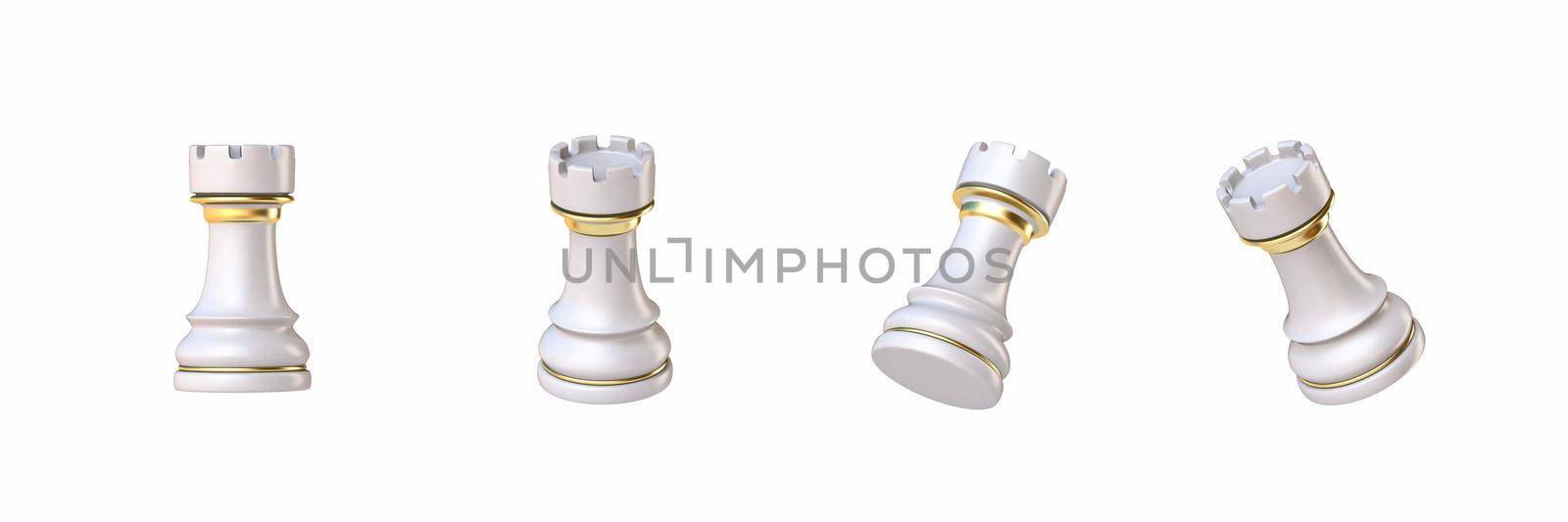 White chess Rook in four different angled views 3D rendering illustration isolated on white background