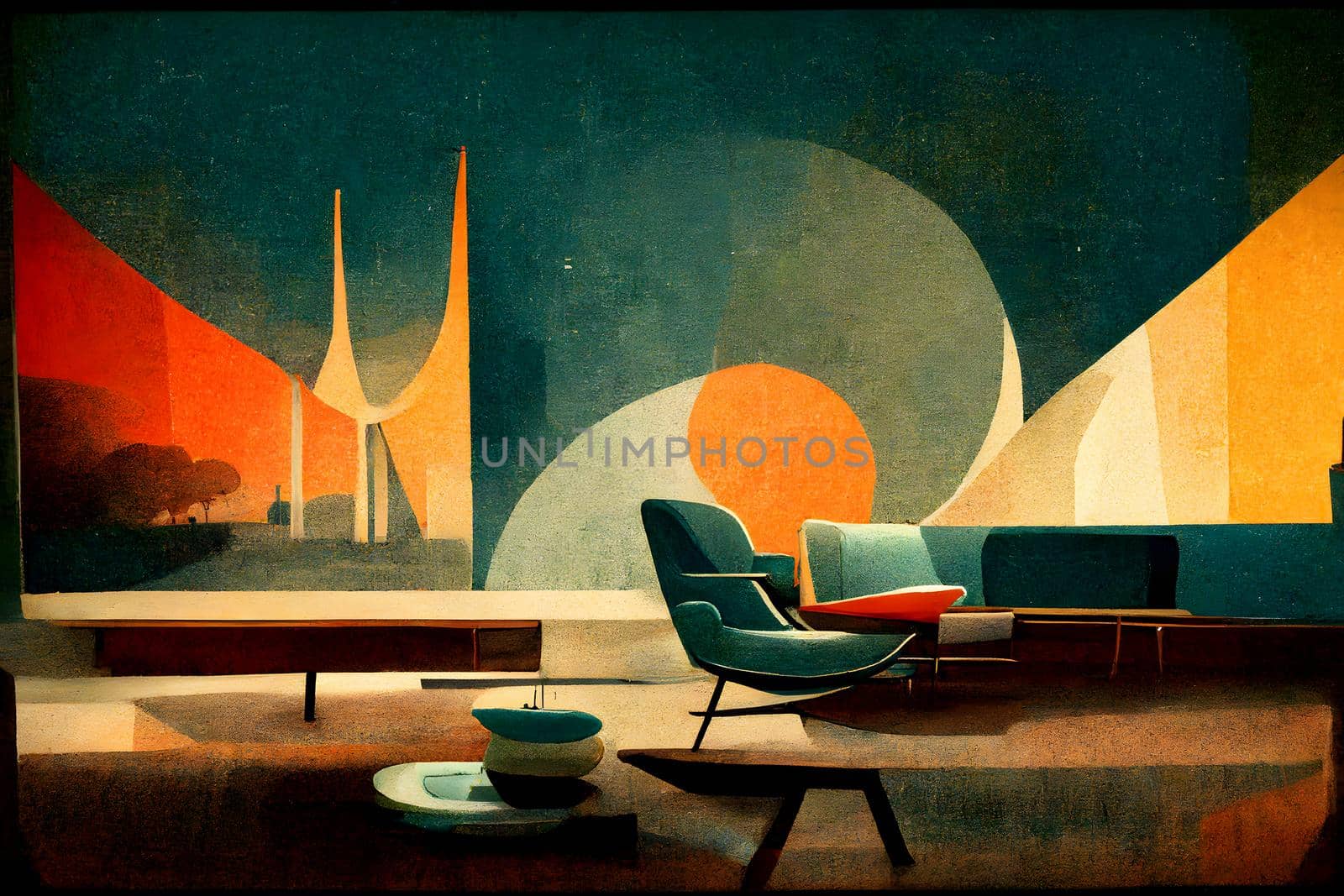 mid century modern abstract art, neural network generated picture. Digitally generated image. Not based on any actual scene or pattern.