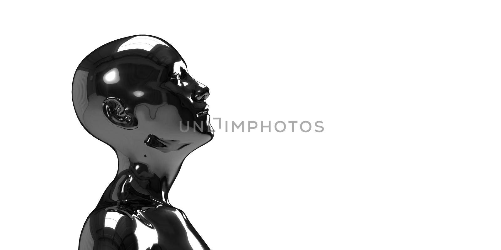 3d illustration of a female bald silver head on a white background. Metal mannequin