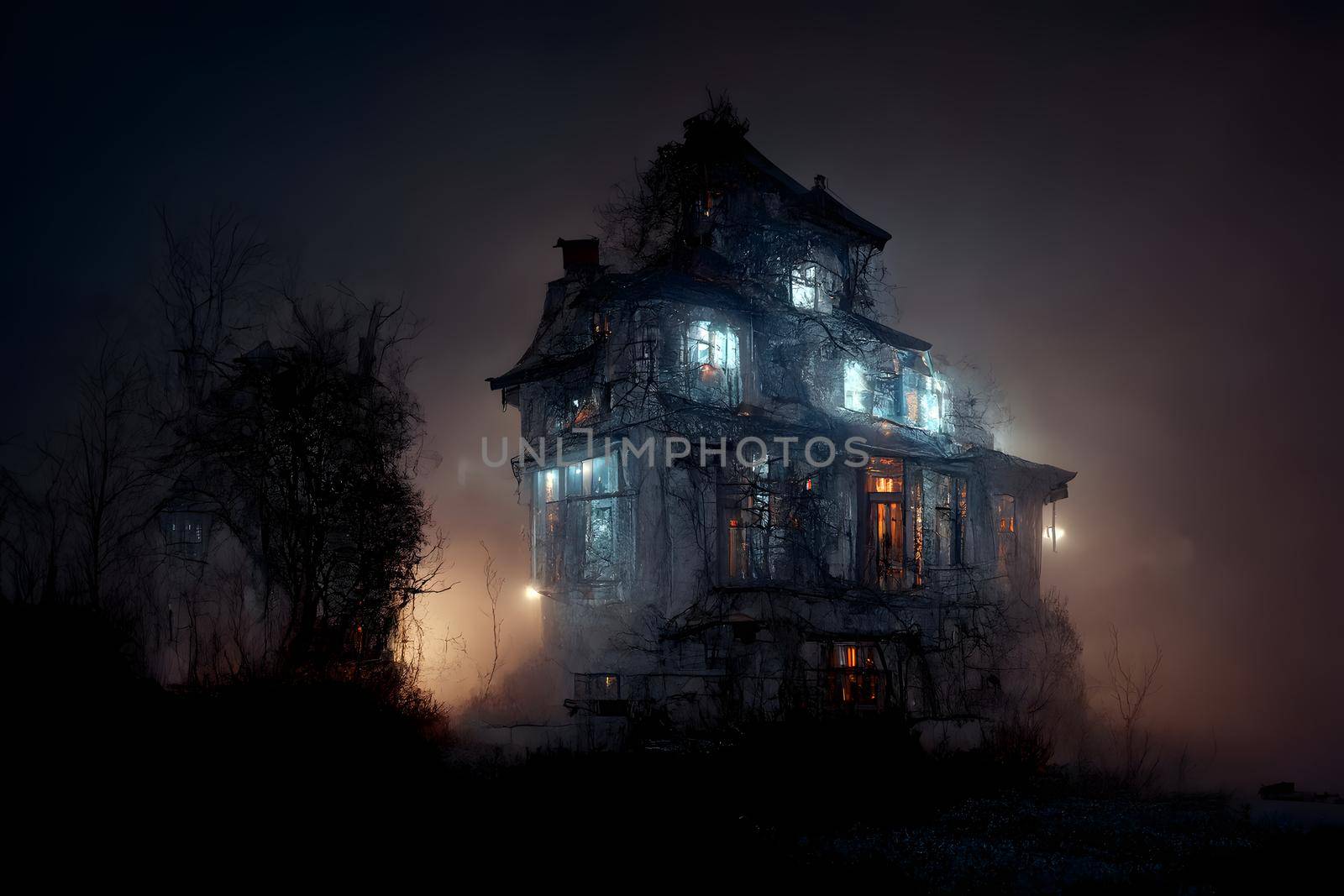 dark haunted house with illuminated windows at spooky misty dark halloween night, neural network generated art. Digitally generated image. Not based on any actual scene or pattern.