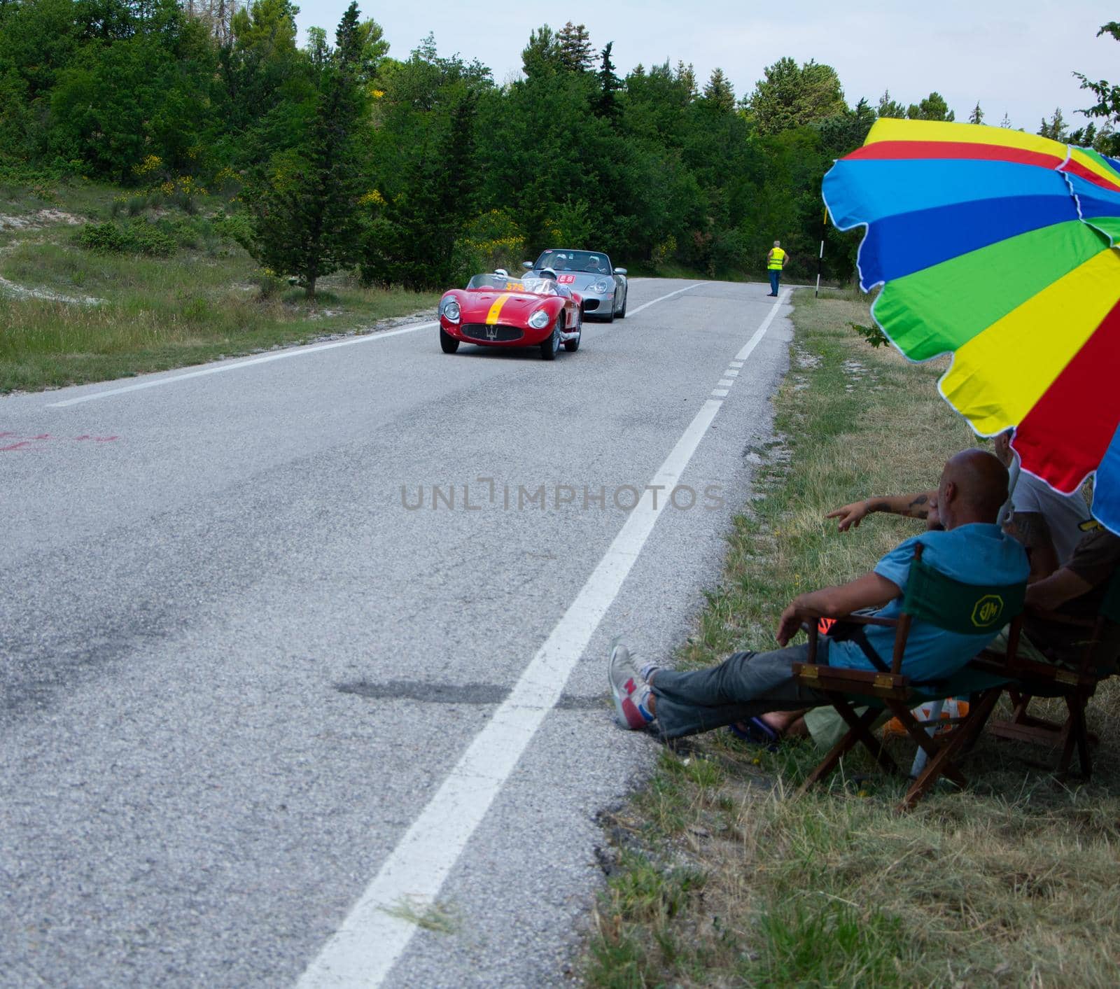 URBINO - ITALY - JUN 16 - 2022 : MASERATI 150 S 1955 on an old racing car in rally Mille Miglia 2022 the famous italian historical race (1927-1957