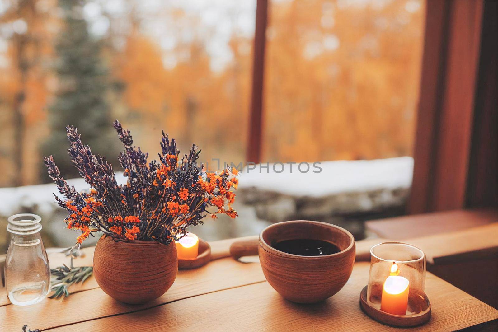 3D render of Autumn hygge home decor arrangement, concept of hygge and coziness, burning white fragrance candle on tray and lavender branches in a bottle vase on table at cozy home