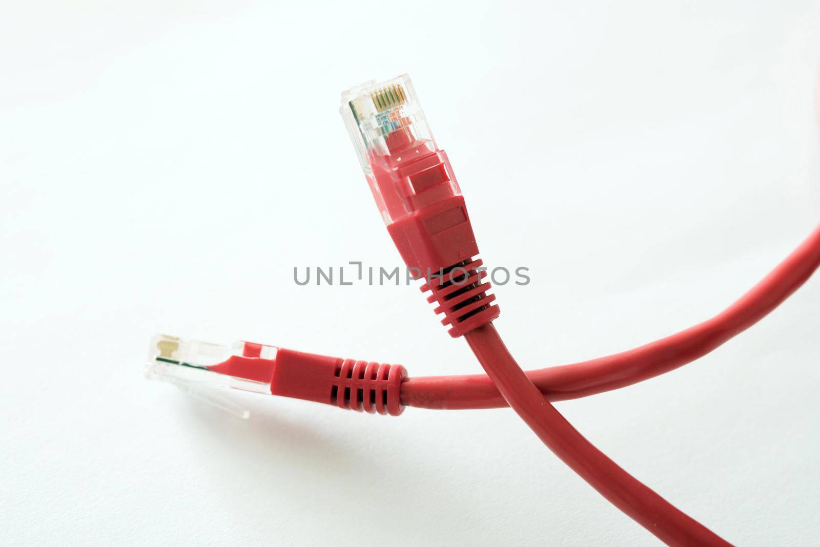 Two loose, red ethernet network cable and plugs isolated on a white background.