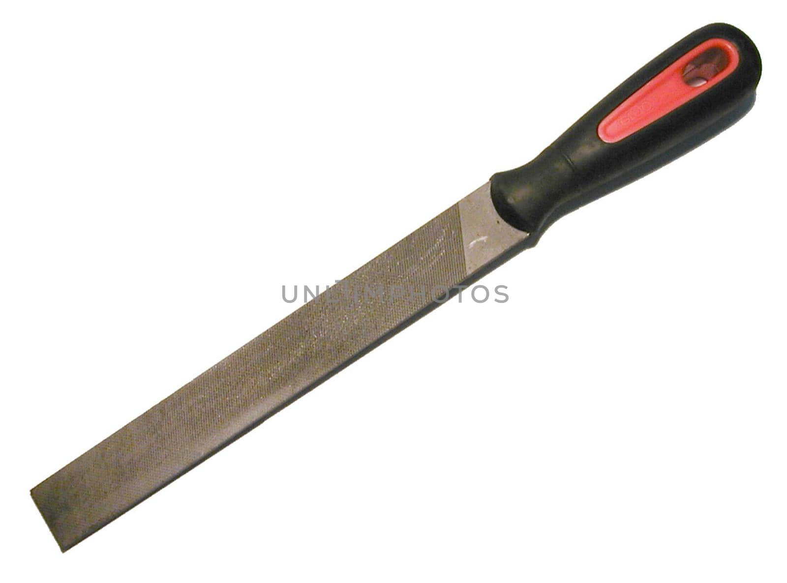 Square metal file or rasp lying diagonally on white with copyspace in a DIY and construction concept