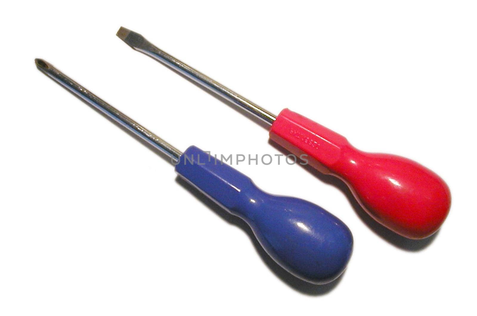 Two Screwdrivers on White Background, One Cross Head with Blue Handle and One Flathead with Red Handle