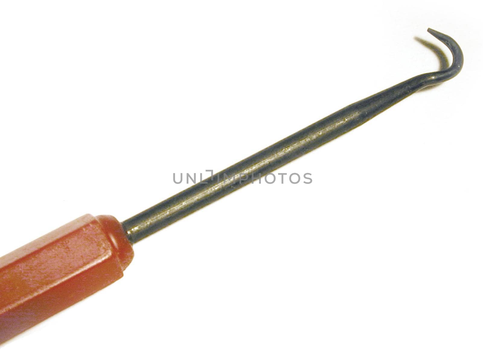 Close Up Detail of Solder Scraper Hook Angled Across White Background