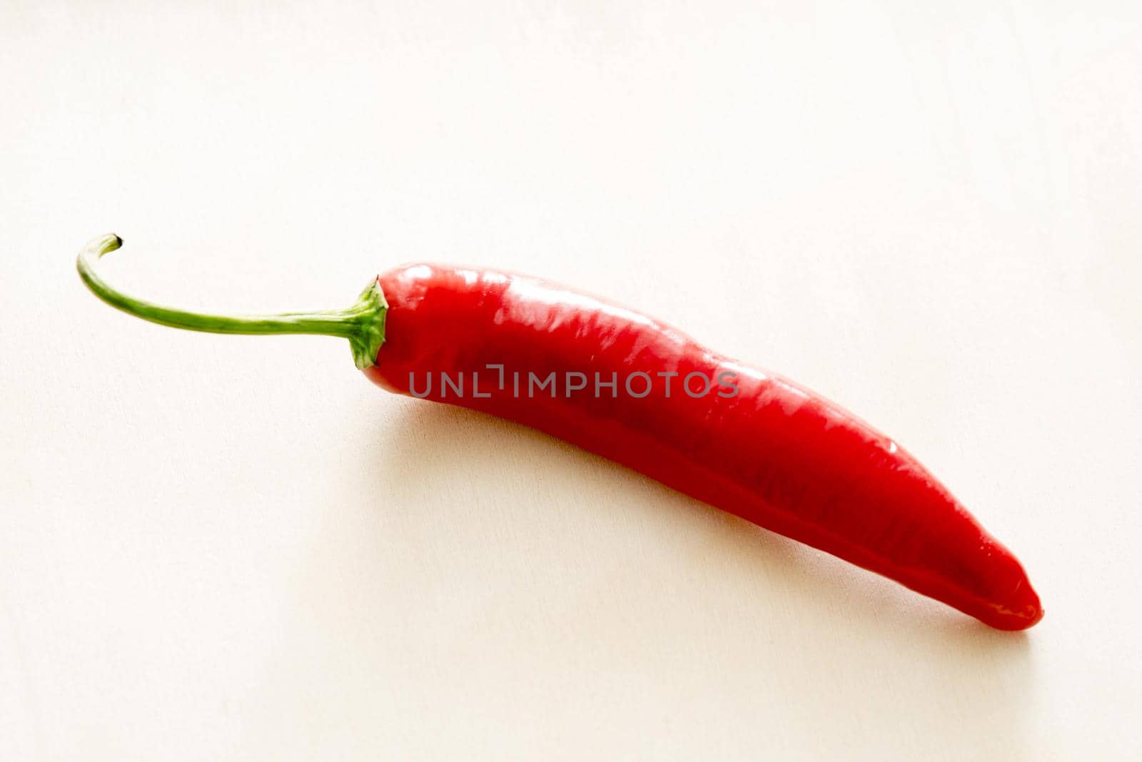 A close up of a vibrant, red chilli on a plain background with copy space.
