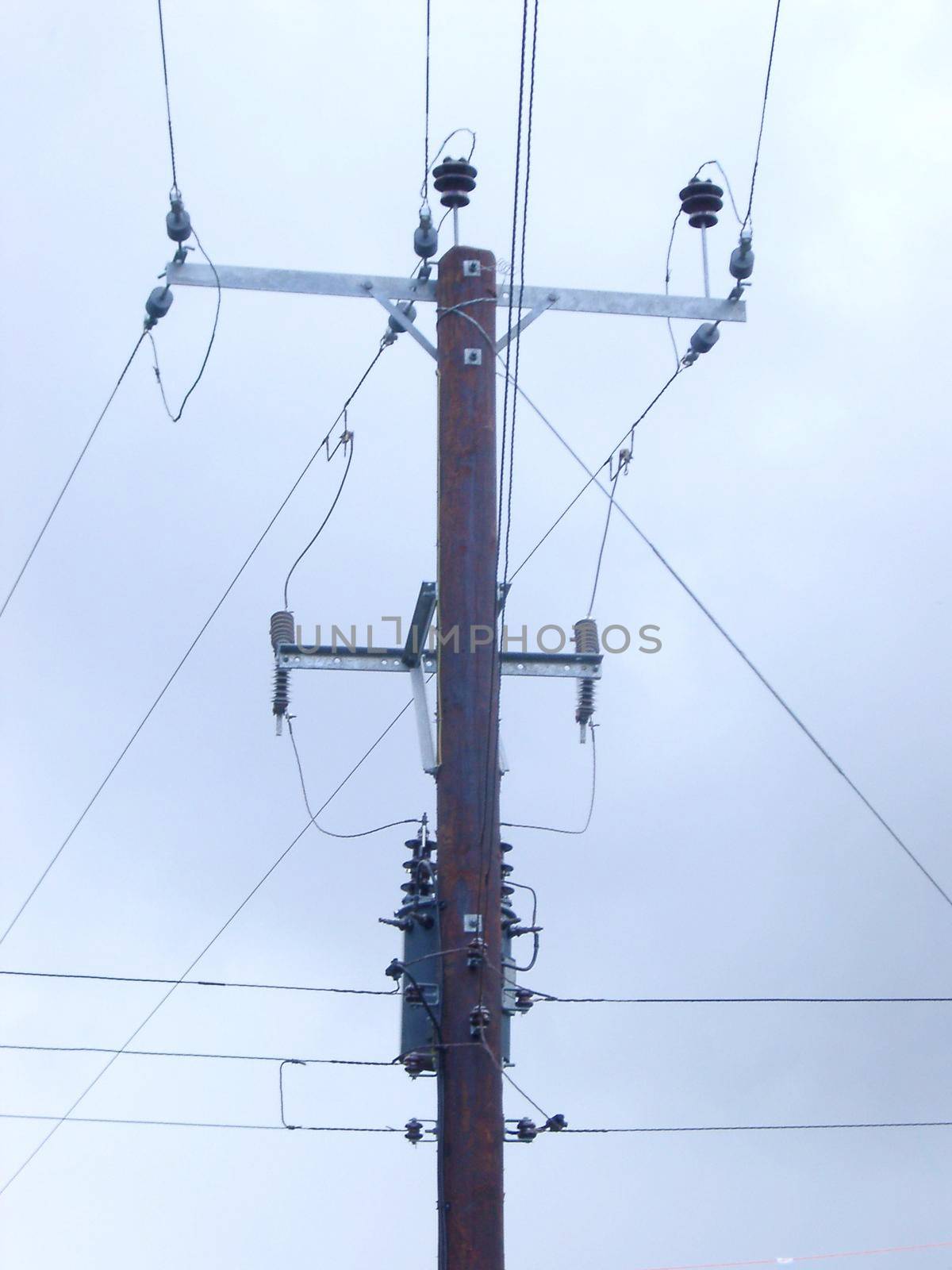 pole mounted electric power transformer and transmission wires