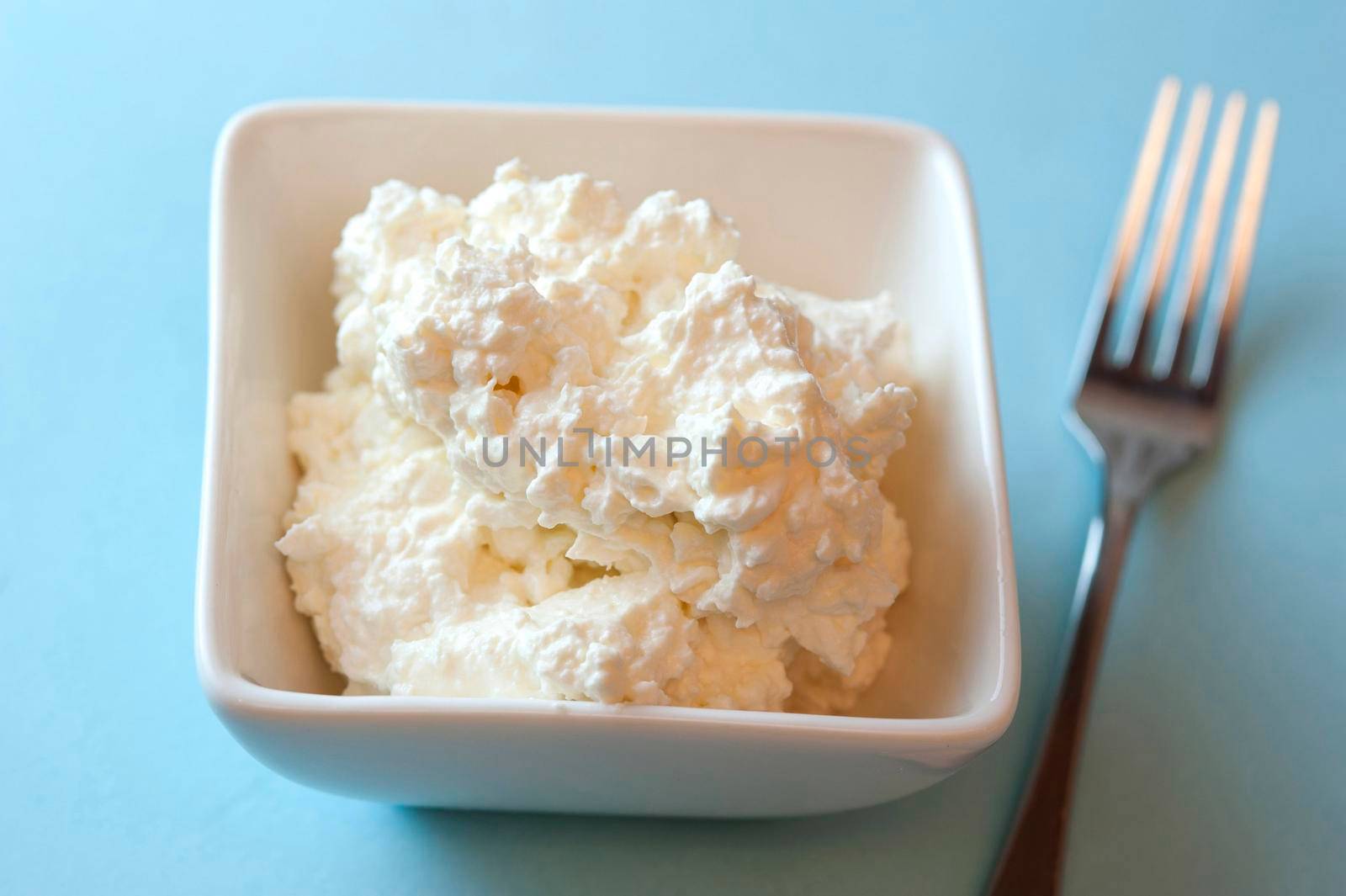 Dish of cottage cheese, or pot cheese, a traditional soft cheese made from the curds of skim milk