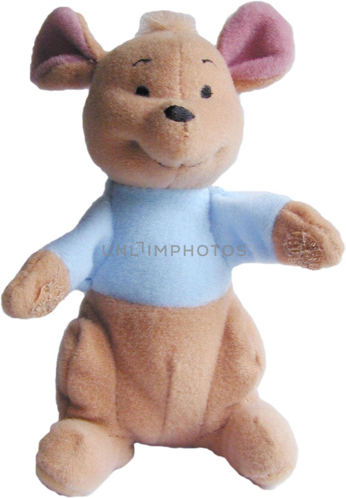 Cute plush kangaroo soft toy wearing a blue jacket isolated on white facing the camera