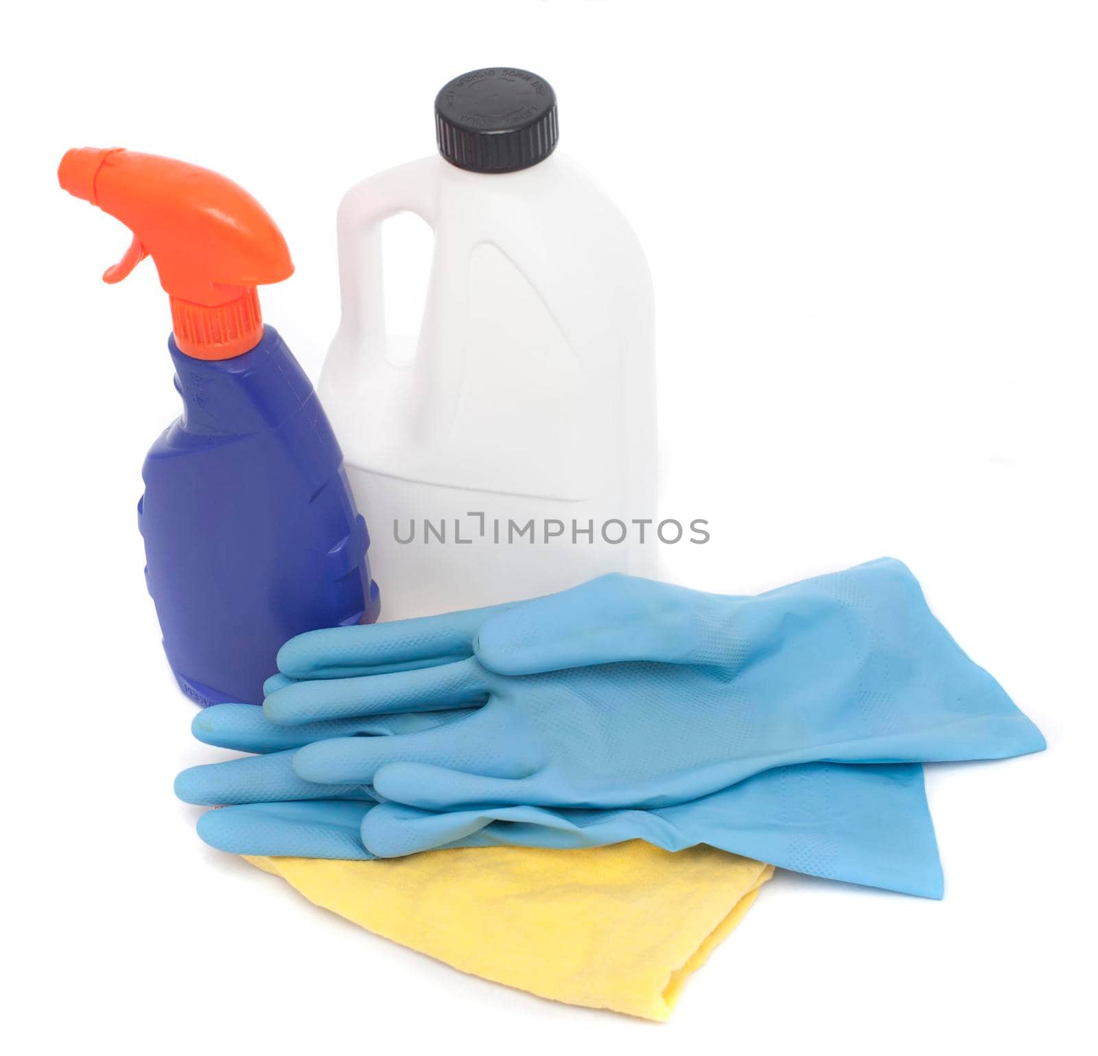 domestic cleaning products isolated on a white background