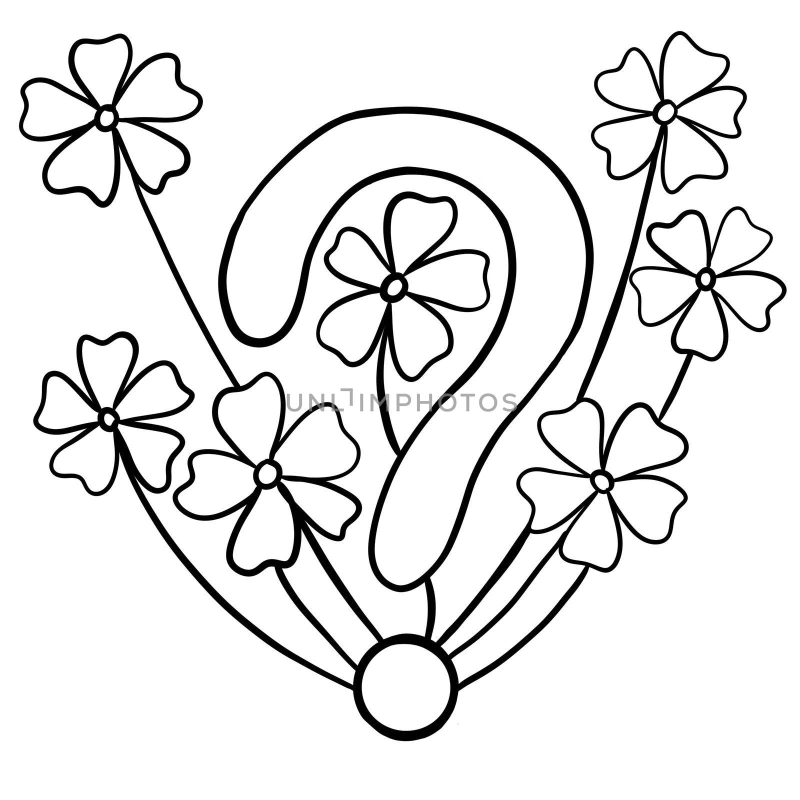 Hand drawn illustration of question mark with leaves flowers nature elements. Why concept for ecology environment environmental causes. Simple minimalist design with black line outline silhouette, spring summer print