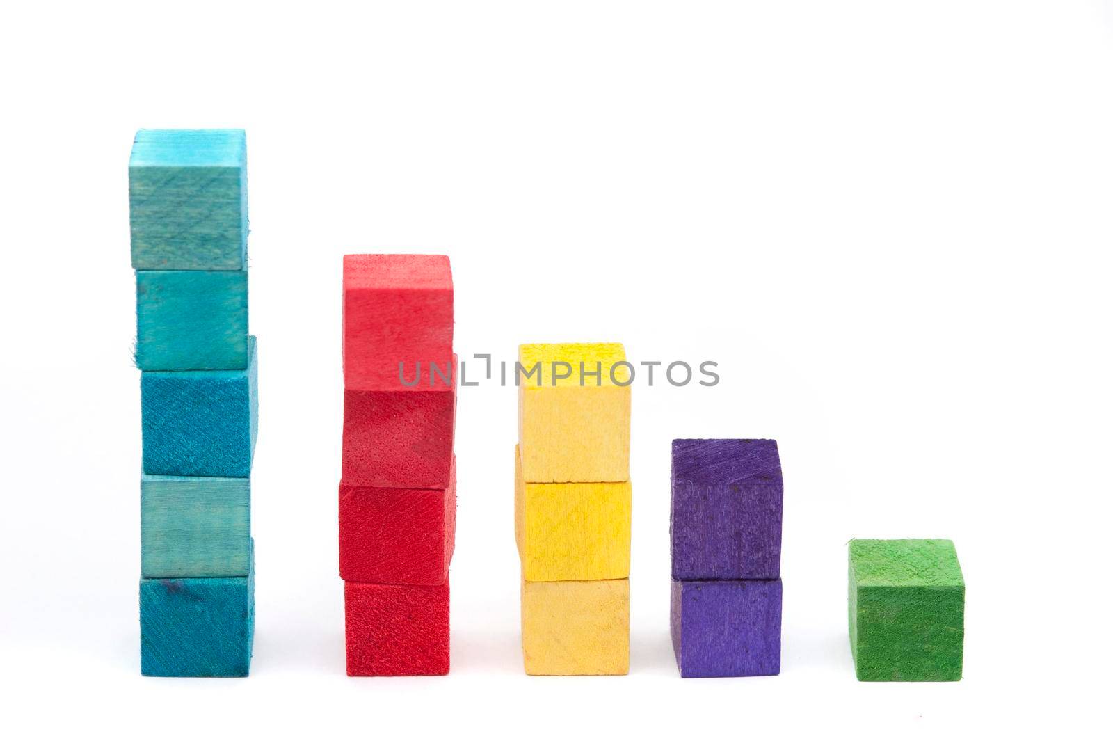 Learning to count using colourful toy wooden blocks arranged in stacks of increasing numbers one through five on a white background