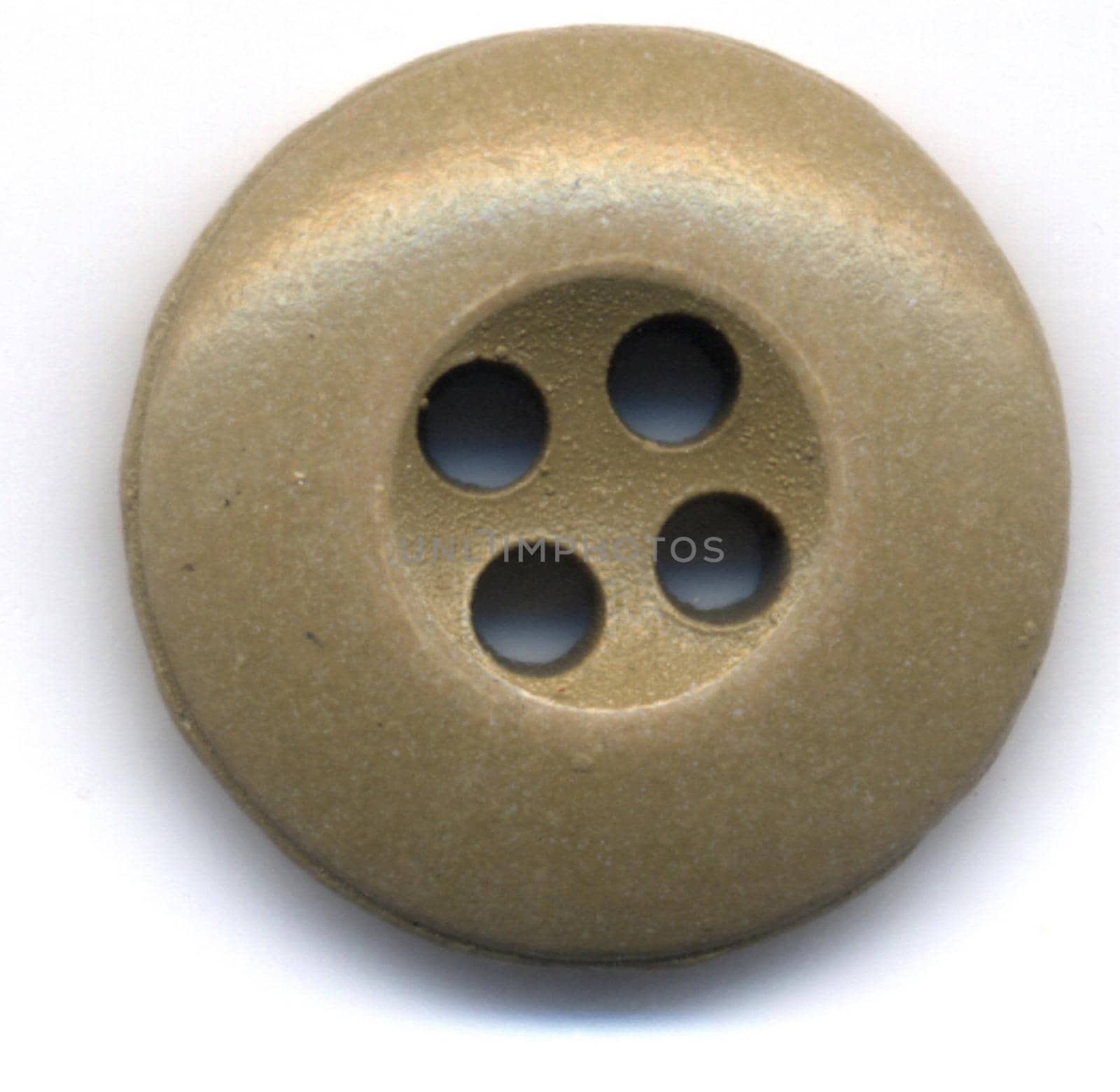 Macro Close Up of Beige Gold Colored Button with Four Holes on White Background