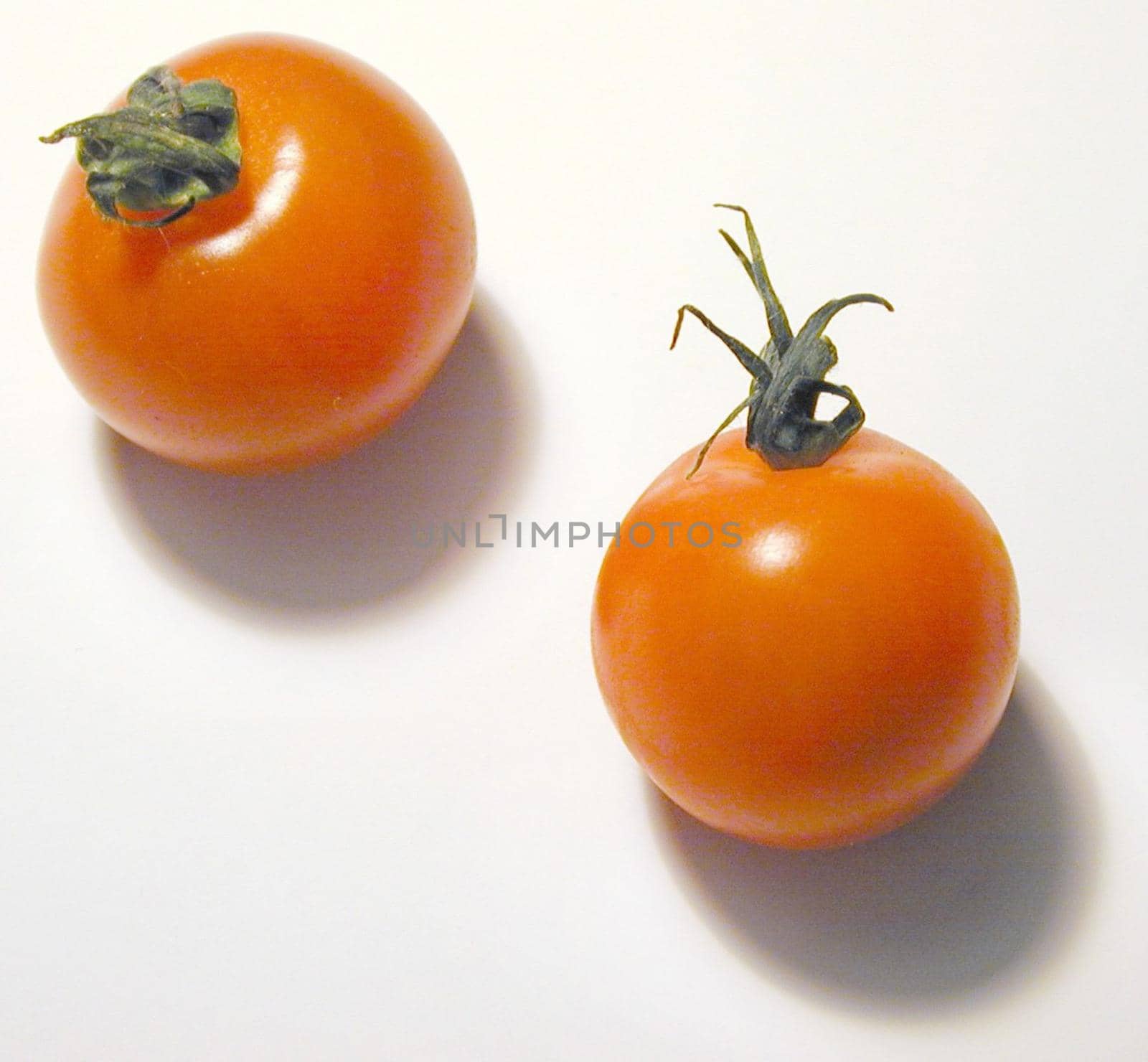 Two ripe red cherry tomatoes with green stalks viewed high angle on white with shadows in square format