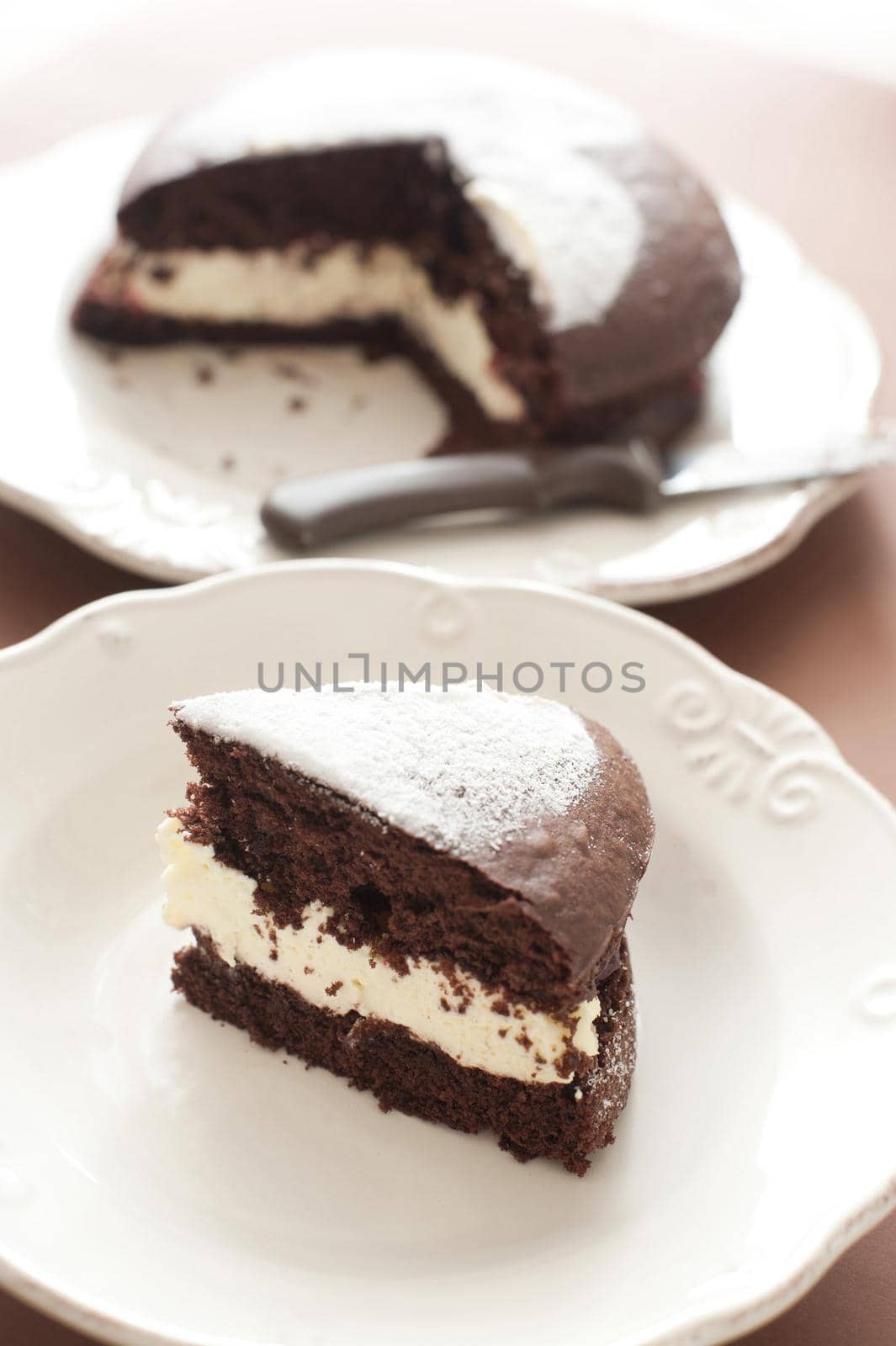 Slice of delicious freshly baked chocolate cake filled with cream or buttercream and served on a plate for dessert