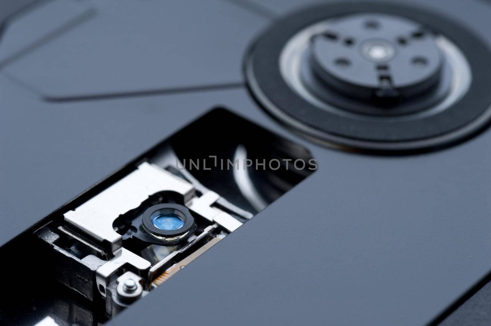 Parts of laser optical disc drive in close-up view