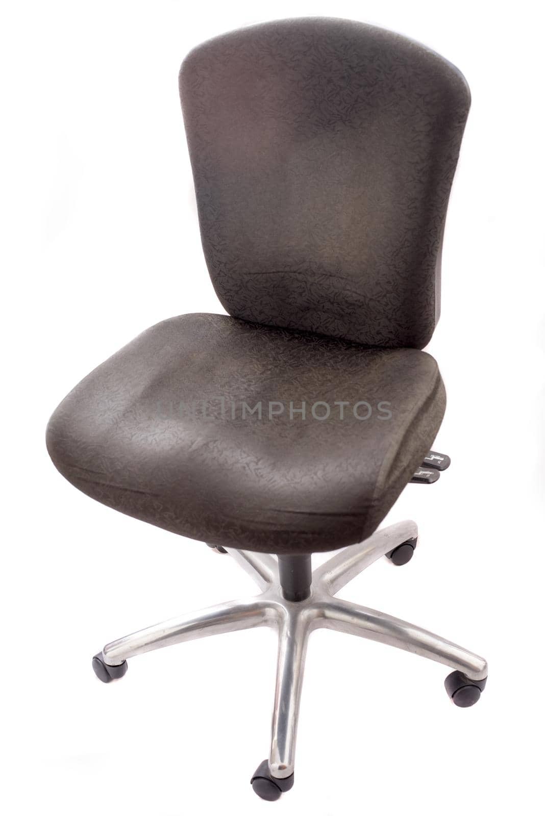 Isolated single armless adjustable brown swivel chair with caster feet over white background