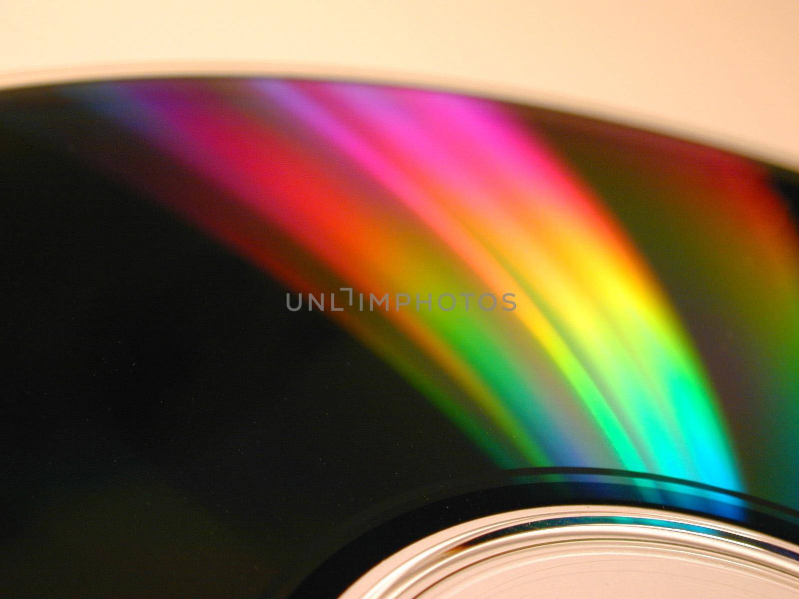 Spectrum rainbow light reflection on CD or DVD optical disc radial surface, as digital object beauty background concept