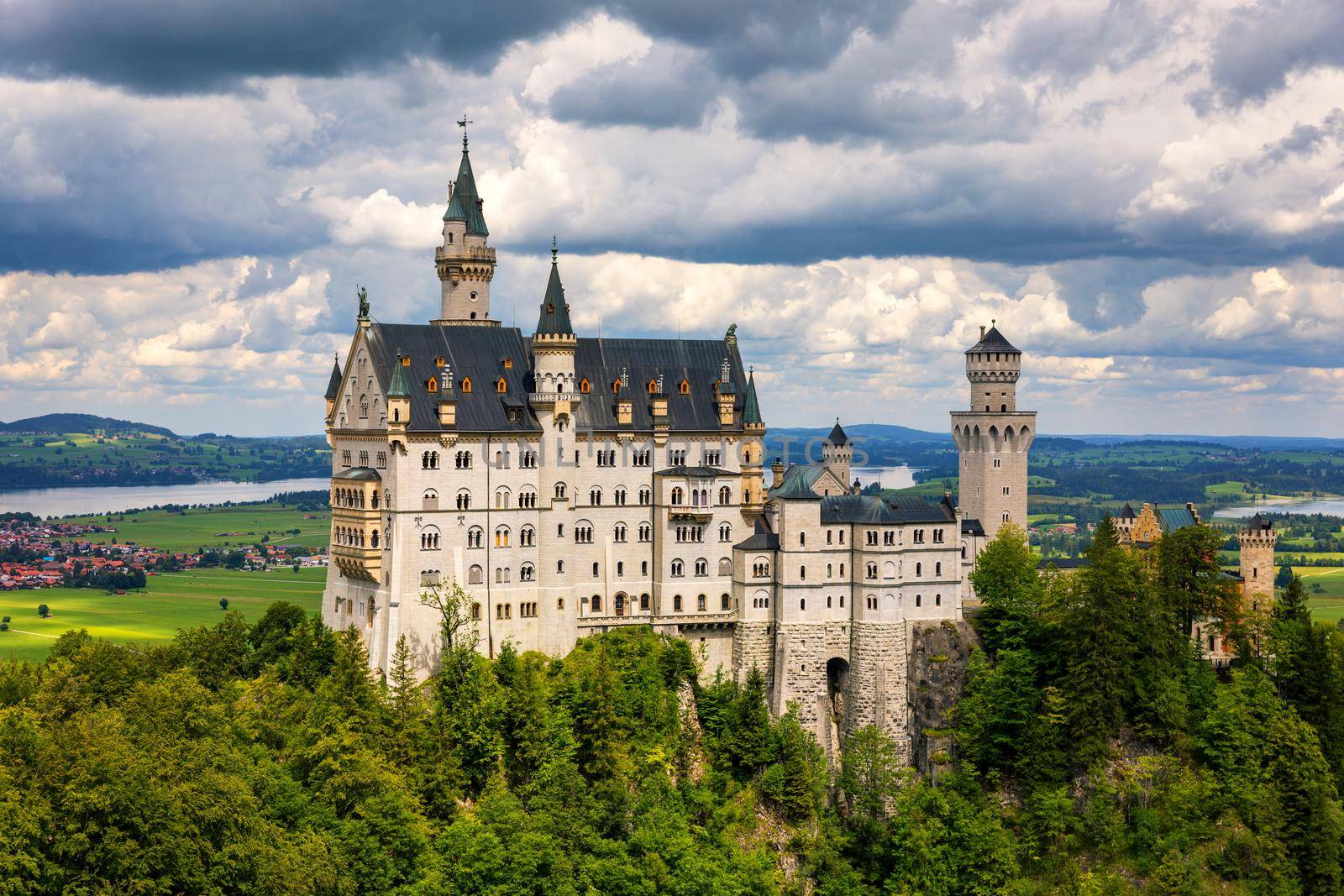 Neuschwanstein Fairytale Castle near Fussen, Bavaria, Germany. View of famous Neuschwanstein Castle. Location: village of Hohenschwangau, near Fussen, southwest Bavaria, Germany, Europe